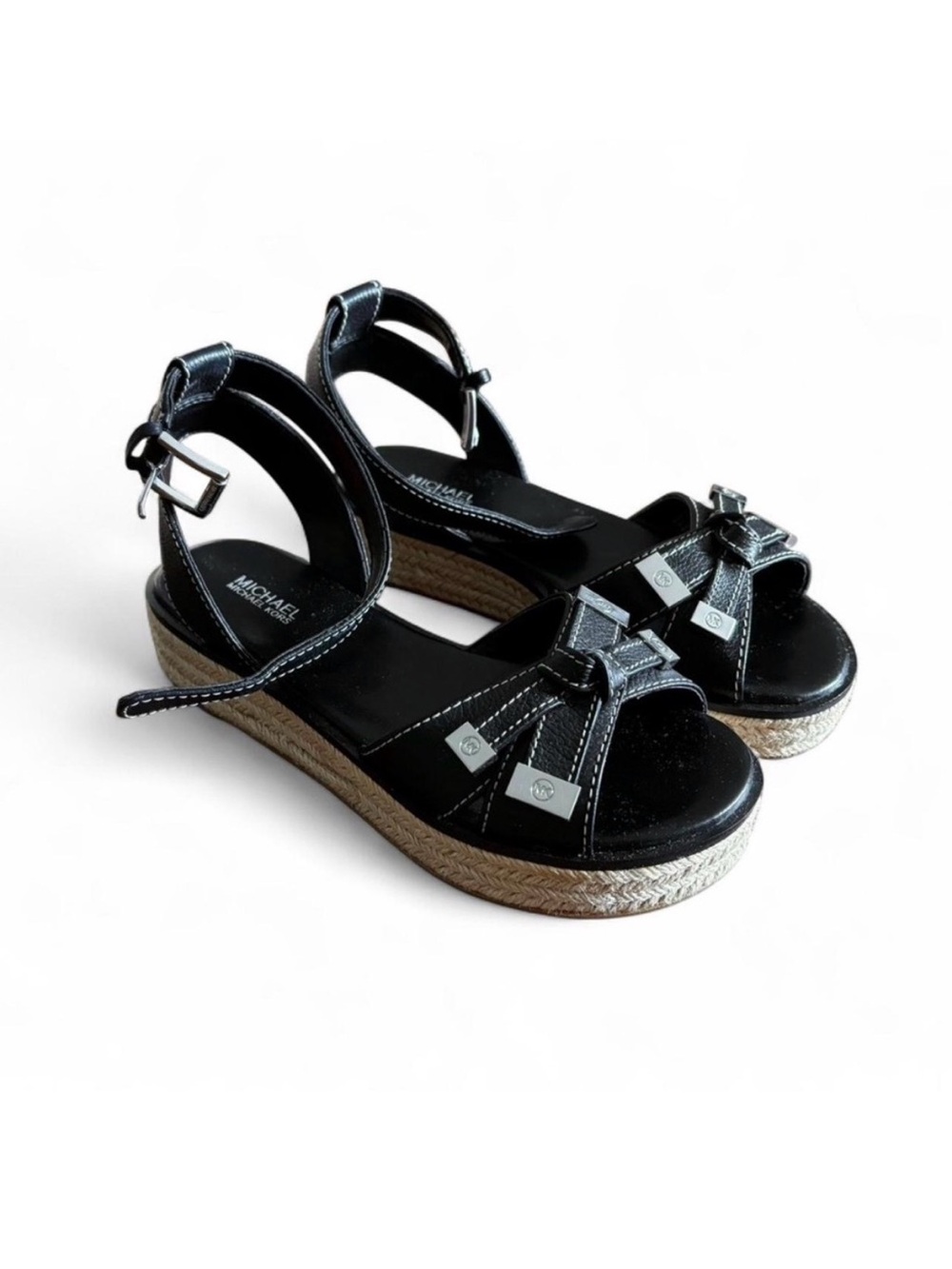 Michael Kors Black Leather Bow Platform Sandals Espadrille Size 6